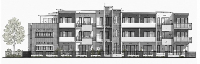 Grayscale architectural elevation drawing of the residential apartment complex