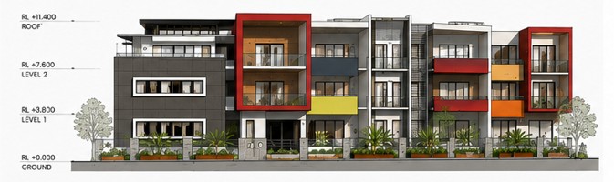 Photorealistic render of the residential apartment complex from an alternate angle