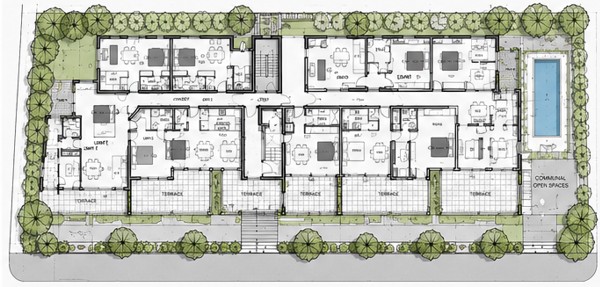 Ground floor and landscape plan of the residential apartment complex