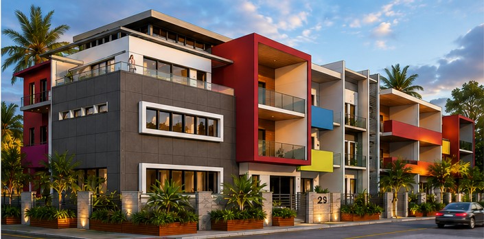 Photorealistic render of the residential apartment complex exterior