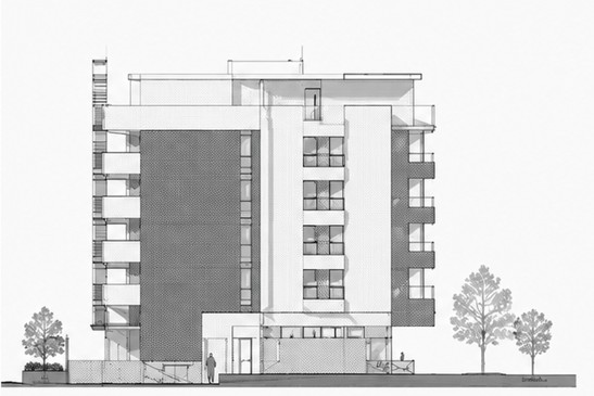 Grayscale architectural elevation drawing of the shop-top housing building