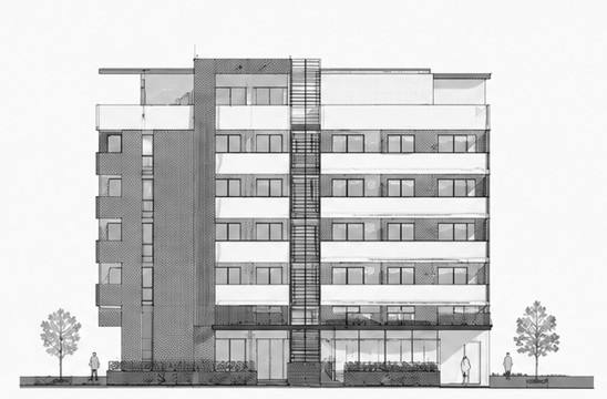 Technical line elevation drawing of the mixed-use building facade