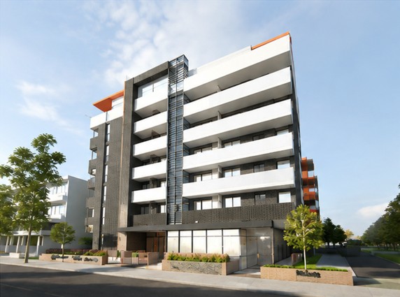 Photorealistic render of the shop-top mixed-use building exterior