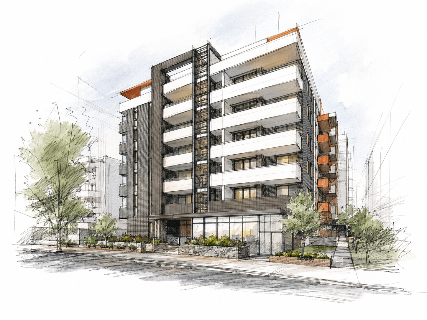 Artistic sketch rendering of the mixed-use building's street-level frontage