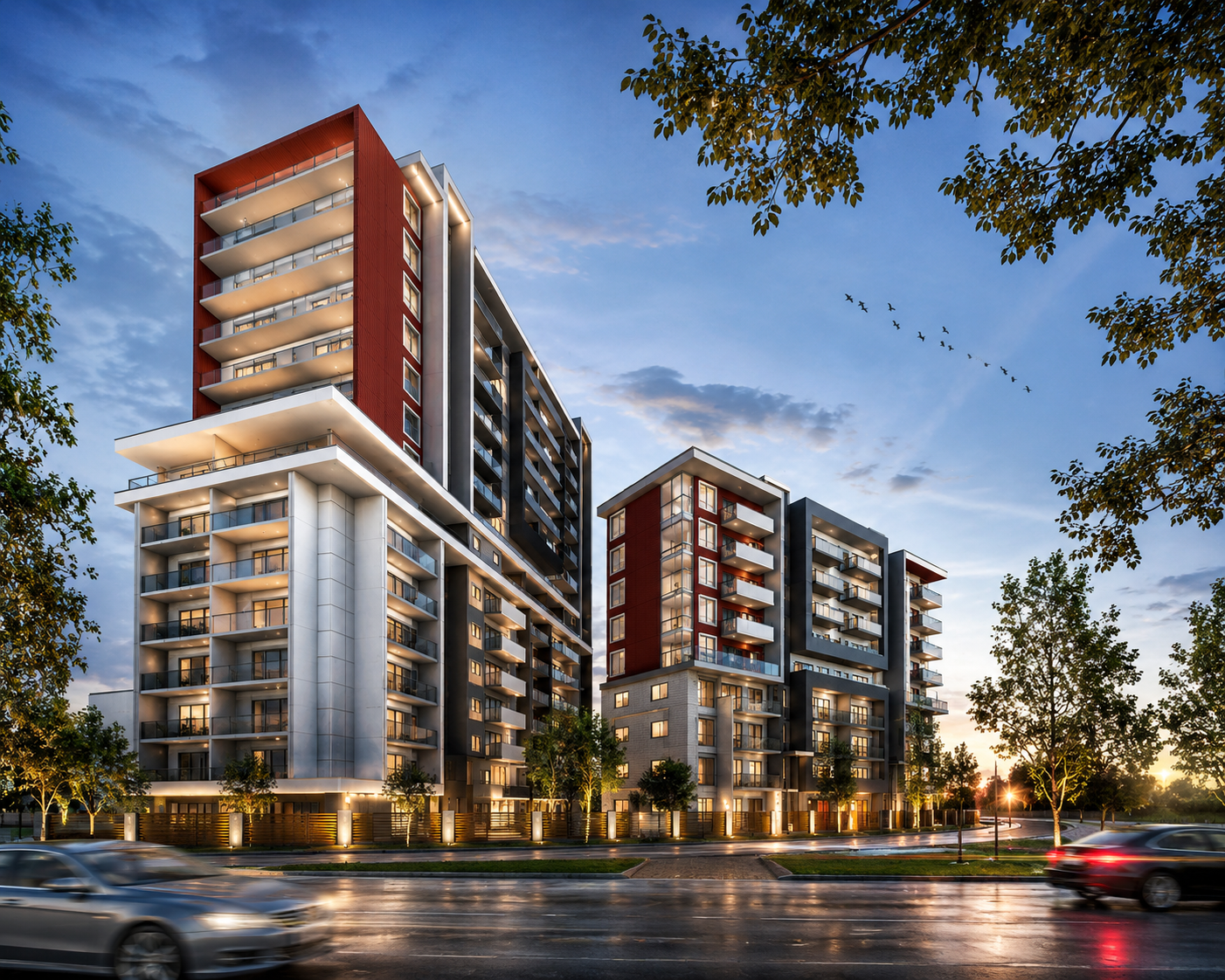 Evening render of the multi-residential towers at Warwick Farm