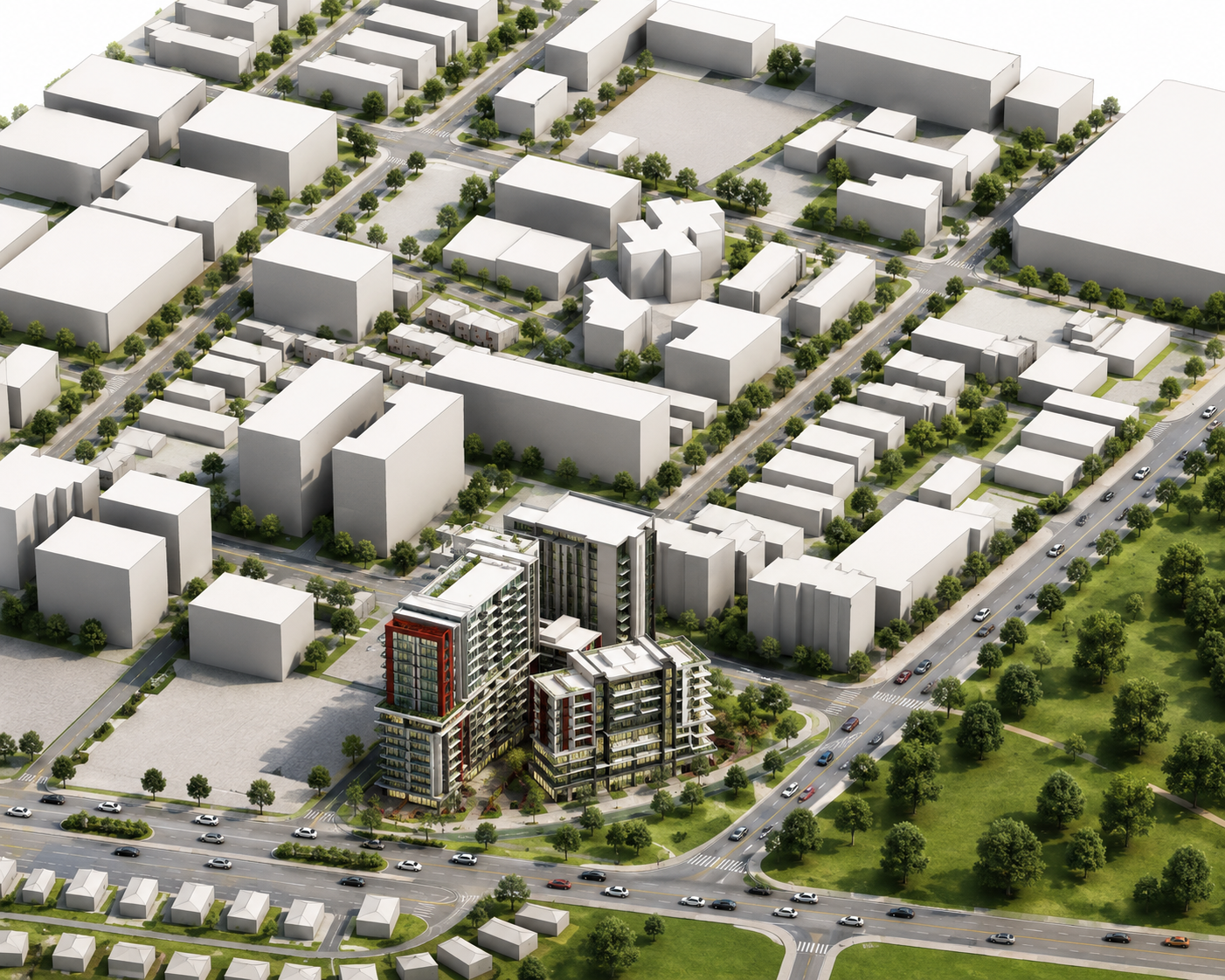 Aerial massing model of the Warwick Farm development within its surrounding context