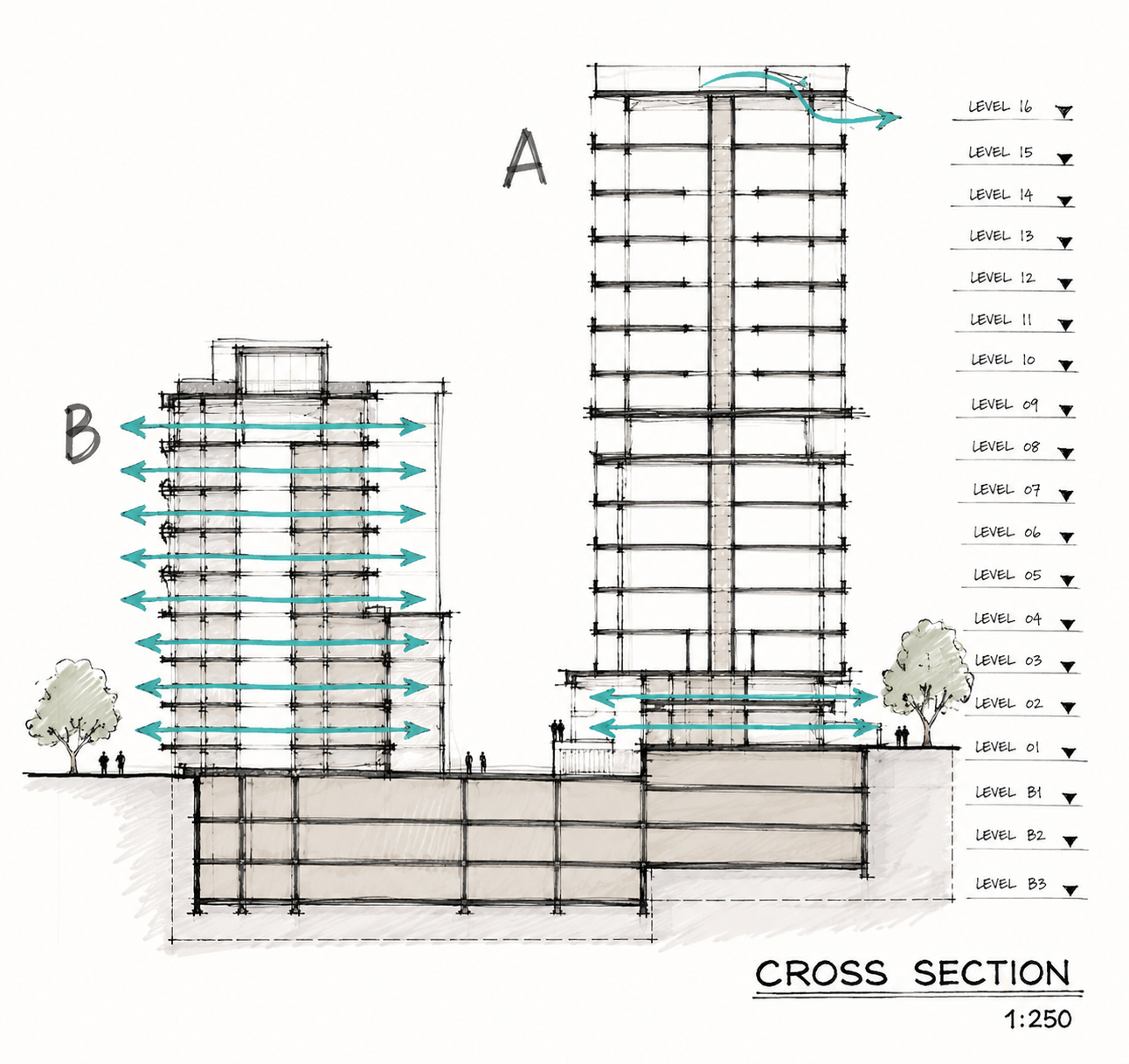 Architectural section drawing of the Warwick Farm building levels