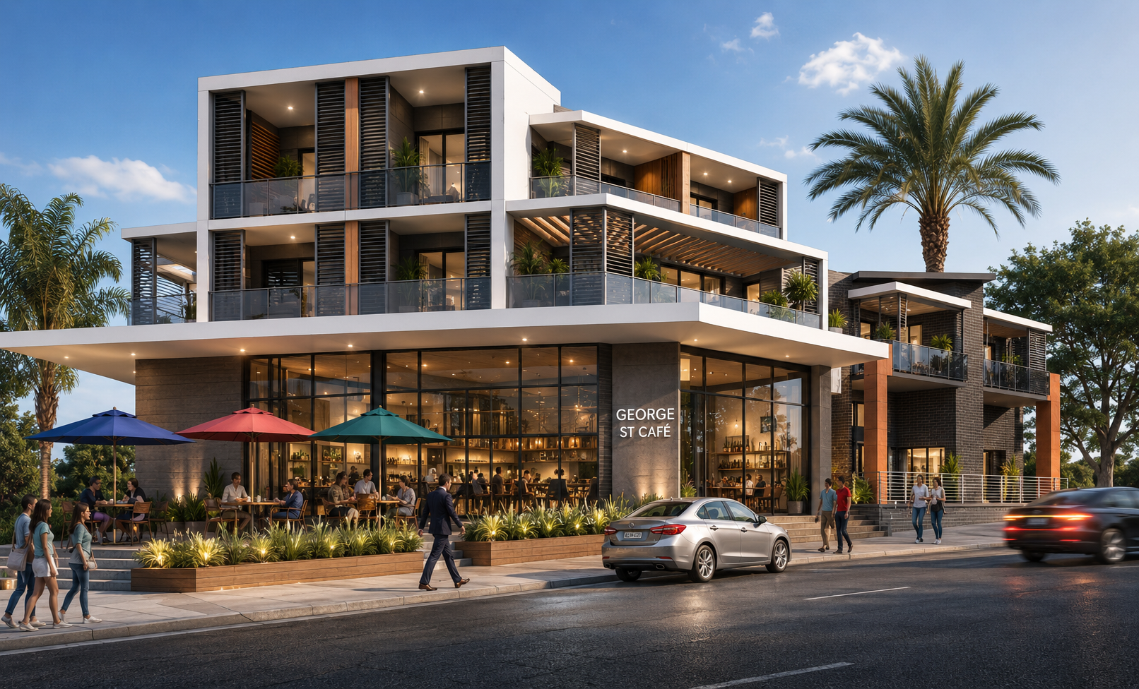 Render of the Berowra Heights development streetscape with ground floor cafe